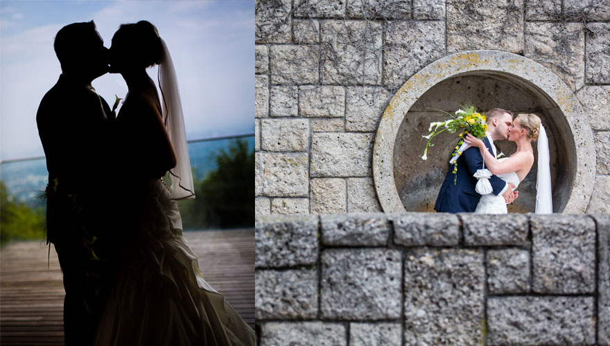Eine Serie von zwei Bildern zeigt ein Brautpaar am Abend auf einer Terasse. Sie küssen sich. Auf dem zweiten Bild küsst sich das gleiche Brautpaar auf einen Platz mit Steinmauern und einem Betonobjekt.