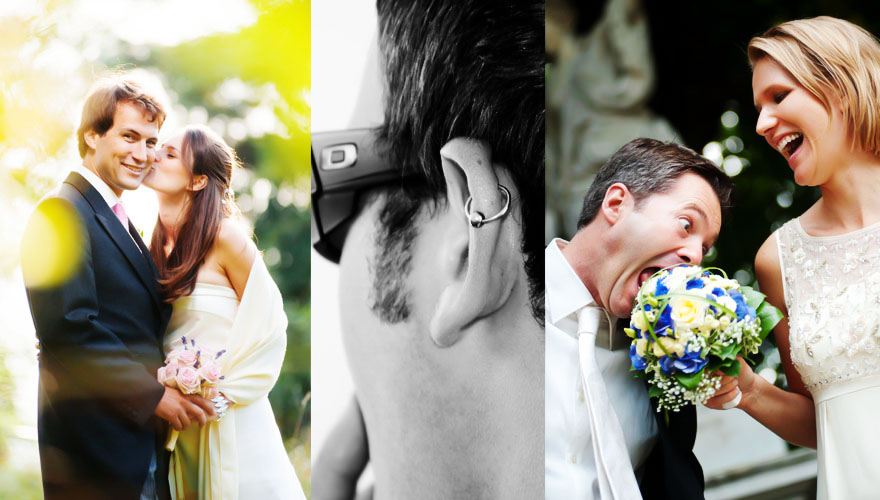 Das linke Bild zeigt eine Braut welche Ihren Bräutigam auf die Wange küsst. Es ist Herbst. Beim rechten Bild beisst der Bräutigam in den Brautstrauss. Die Braut lacht laut. In der Mitte erkannt man, dass ein Bräutigam einen Ohrring trägt.