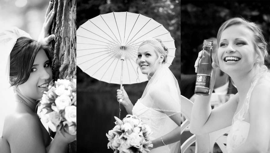 Das erste Bild zeigt eine Braut, welche sich an einen Baum lehnt und uns anlächelt. Das zweite Bild zeigt eine lächelnde Braut mit einem Sonnenschirm aus Papier. Beim dritten Foto zeigt uns eine Braut eine Mineralwasserflasche und lacht.