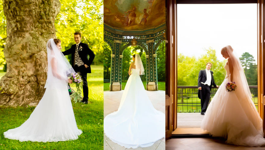 Im Schlosspark Hetzendorf steht ein Brautpaar vor einem grossen Baum mit knorigen Stamm. Das mittlere Bild zeigt eine Braut, welche im Schlosspark Laxenburg unter einer Pagode steht. Das letzte Bild zeigt eine Braut bei der Balkontüre. Sie sieht zu Boden