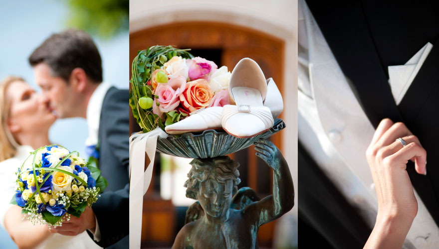 Eine Serie von drei Fotos, wobei das erste ein küssendes Paar mit einem Blumenstrauss auf uns gerichtet, zeigt. In der mitte liegen die Brautschuhe auf einer Schale welche von einer Wasserbrunnenfigur getragen wird. Daneben liegt noch der Blumenstrauss.