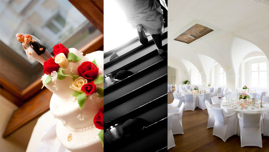 Eine Serie von drei Bildern. Das erste Bild zeigt eine Hochzeitstorte mit Marzipanrosen am Fenster. Das Zweite zeigt eine Braut welche die Treppen hochläuft. Das dritte Bild zeigt eine fertig dekorierte Hochzeitstafel in einem Schloss.