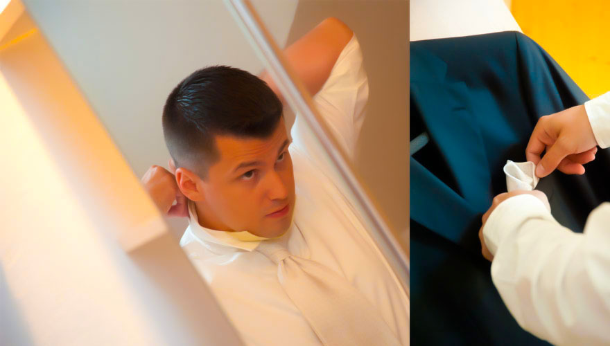 Eine Serie von zwei Bildern. Ein Bräutigam sieht in den Spiegel während er seine Krawatte schiesst. Dann steckt er ein Stecktuch in die Brusttasche seines Sakkos.