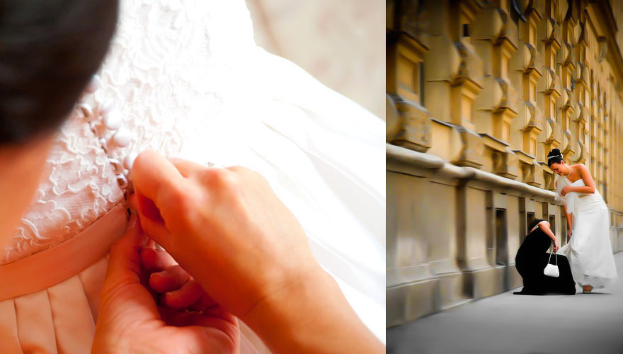 Auf zwei Bildern wird ein Brautkleid zugeknöpft und danach steht die Braut auf der Strasse. Eine junge Frau kümmert sich um einen Schuh und den Saum des Brautkleides.